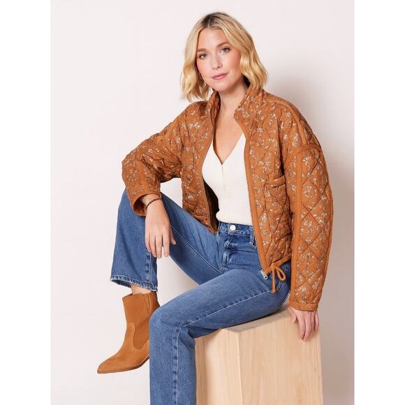 Blank NYC XS Quilted Mustard Floral Short Full Zip Bomber Jacket Oversized - Picture 1 of 7
